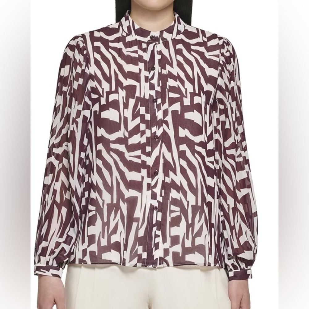 Calvin Klein print pleated sleeve blouse white and raisin color size large